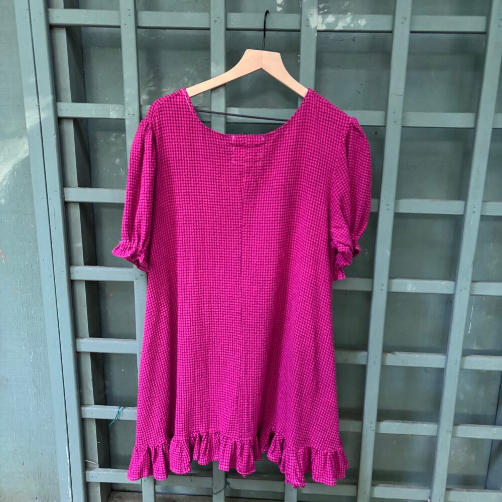 Fuchsia Gingham Oversized Babydoll Dress Puff Sleeve Ruffle Mini Cottage Indie M - Picture 4 of 6